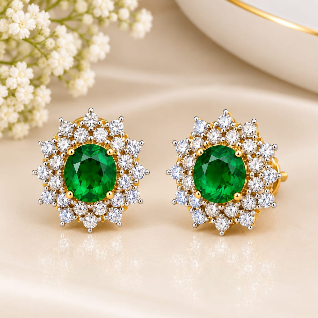 Emerald Halo Crystal Gold-Tone Stud Earrings