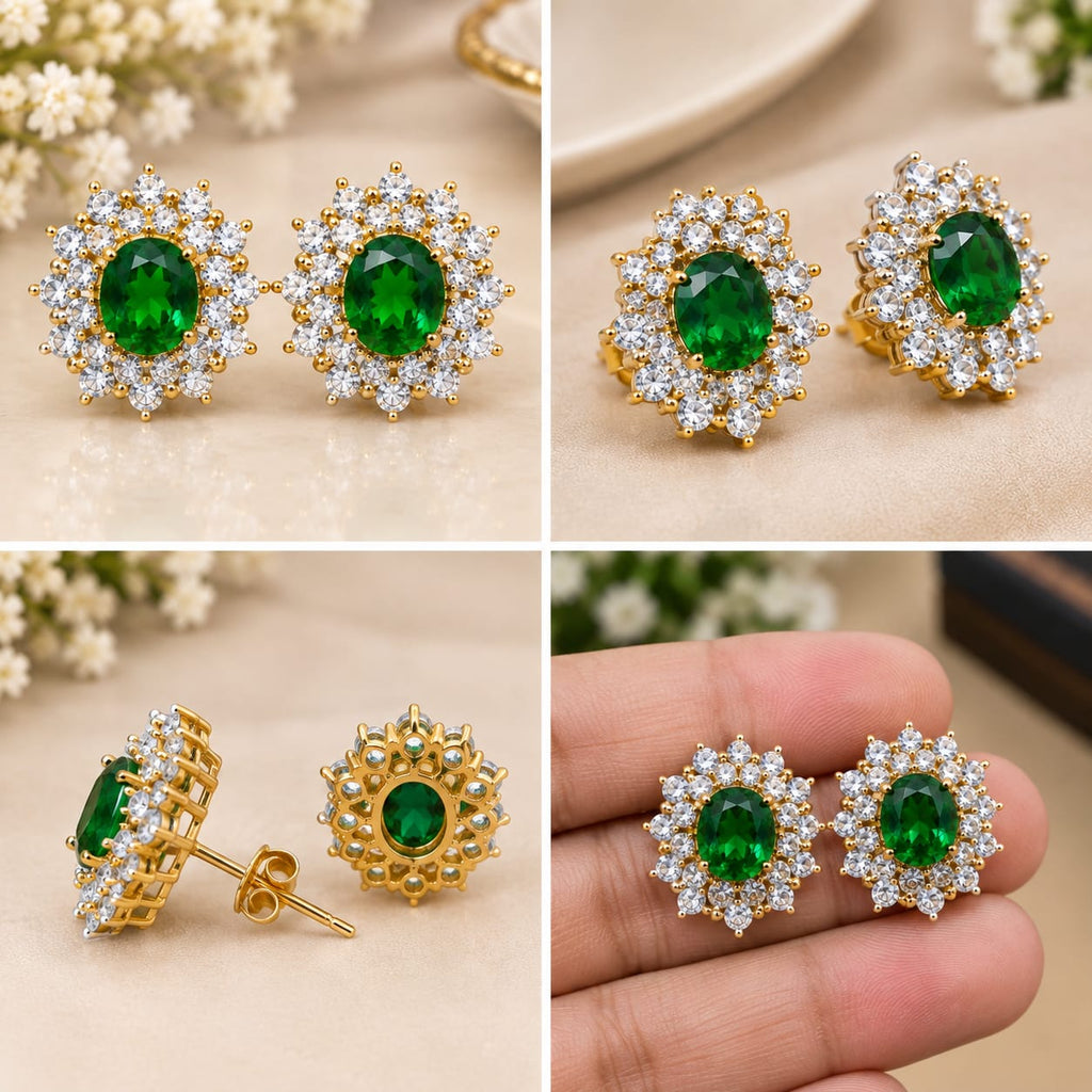 Emerald Halo Crystal Gold-Tone Stud Earrings