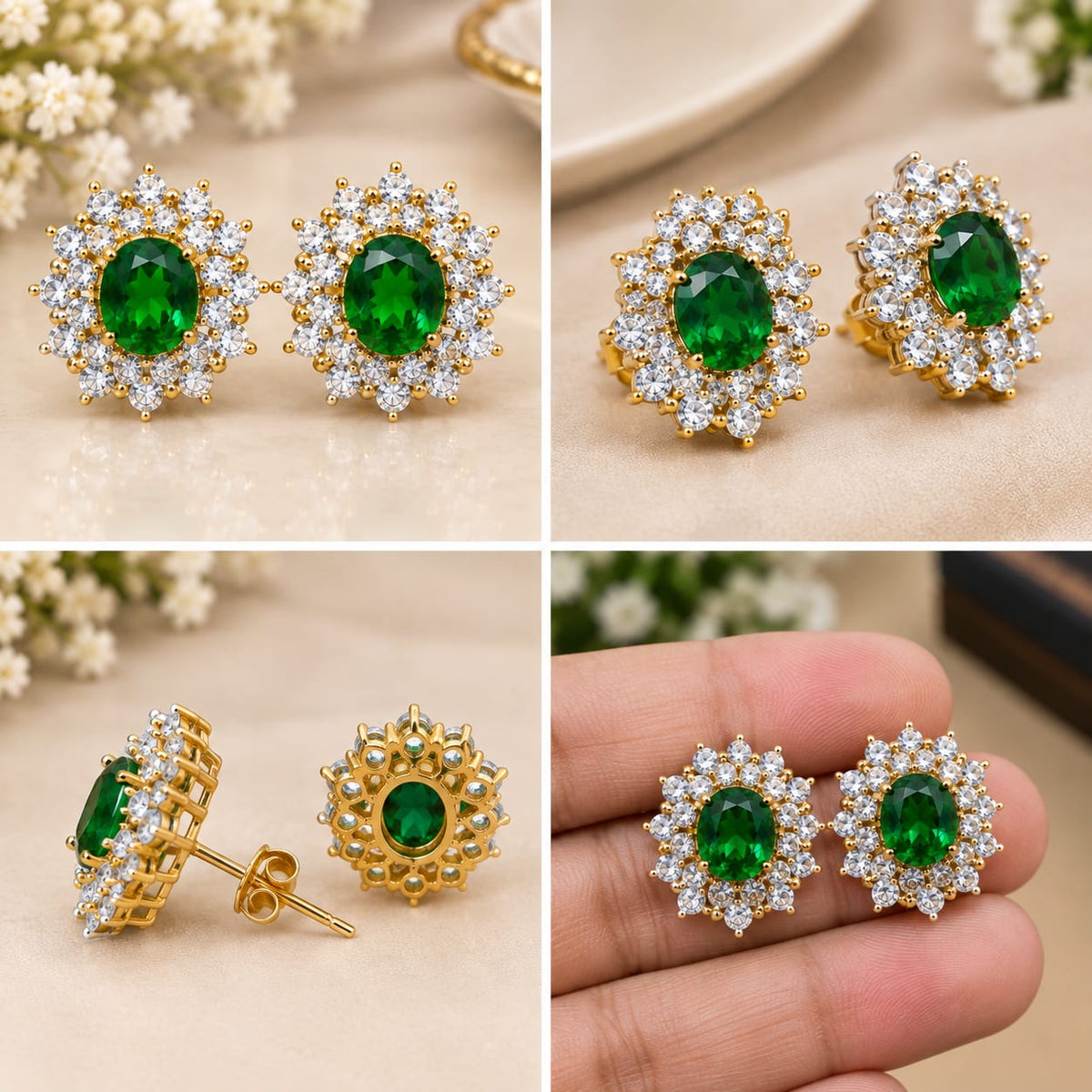 Emerald Halo Crystal Gold-Tone Stud Earrings