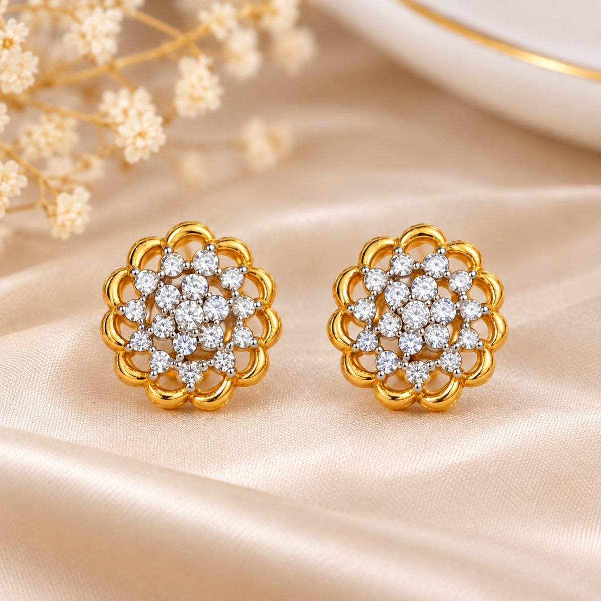 Golden Floral Crystal Stud Earrings