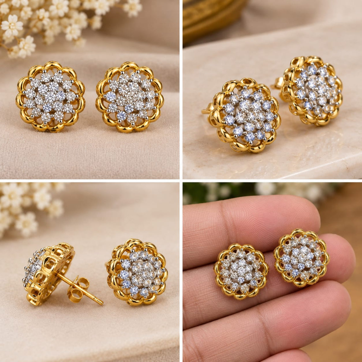 Golden Floral Crystal Stud Earrings