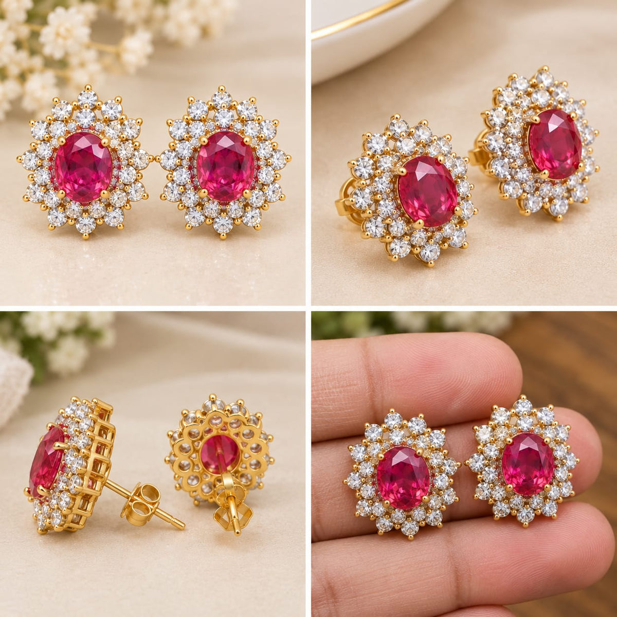 Ruby Halo Crystal Gold-Tone Stud Earrings